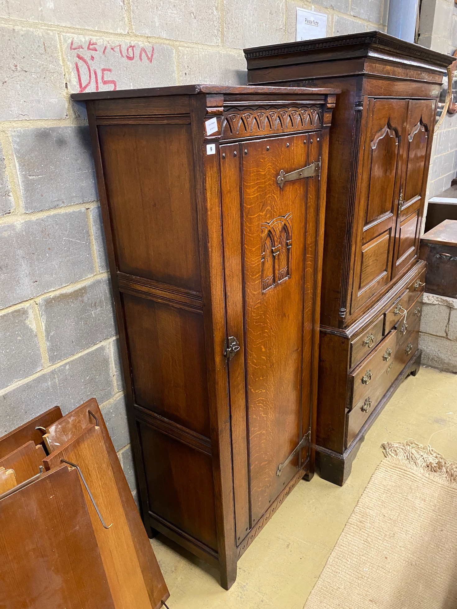 A 17th century style oak vestry cupboard, width 76cm, depth 46cm, height 167cm